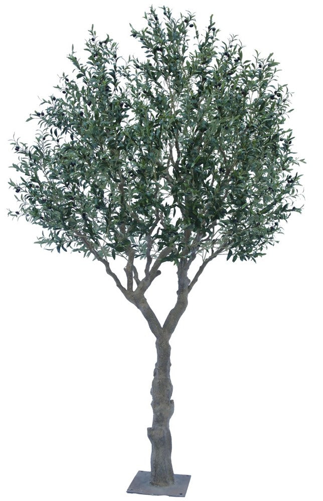 An artificial olive tree with a flat base, featuring green leaves and plenty of olives.