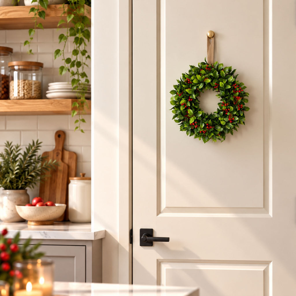Artificial Holly & Berries Christmas wreath hanging on a cream pantry door in a warm, neutral kitchen. The green foliage and red berries add a festive Christmas touch to the space.