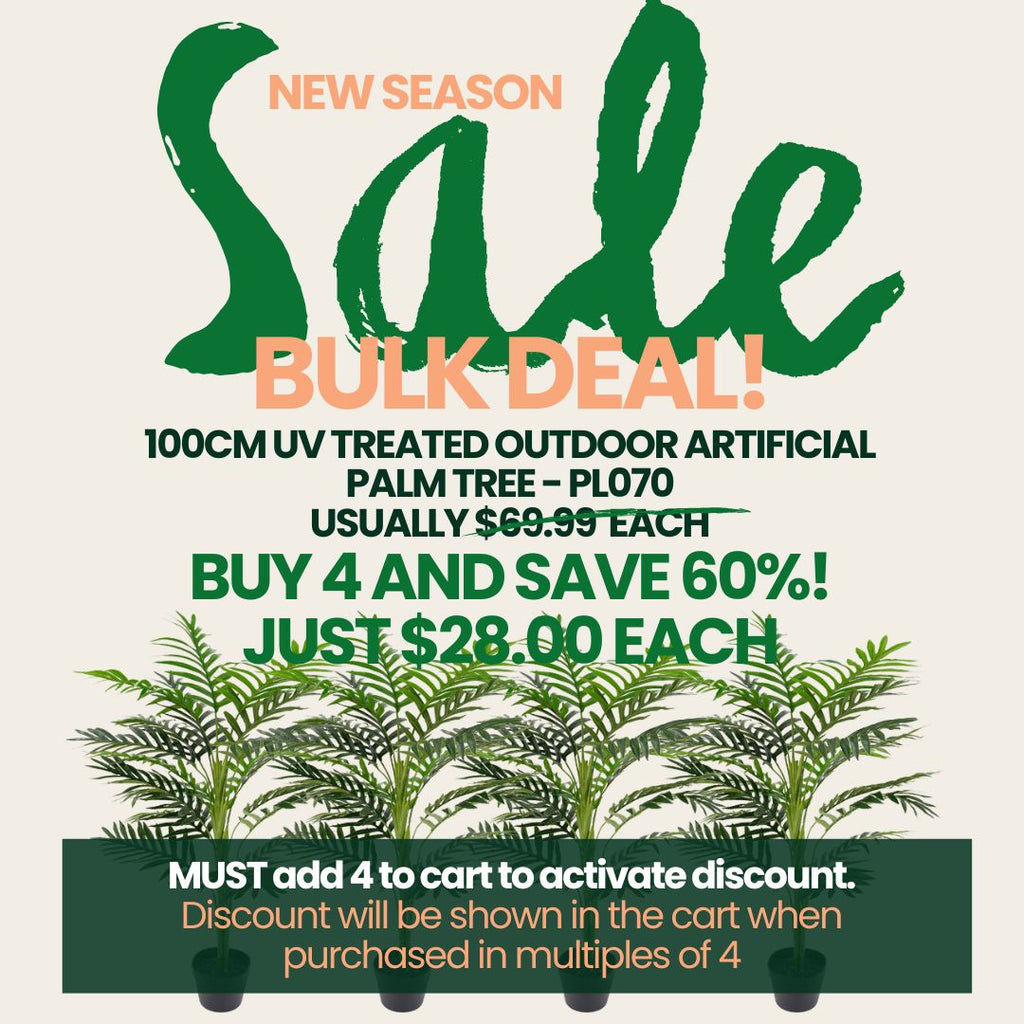 Advertisement for a bulk deal on UV-treated outdoor artificial palm trees with black friday promotional text.