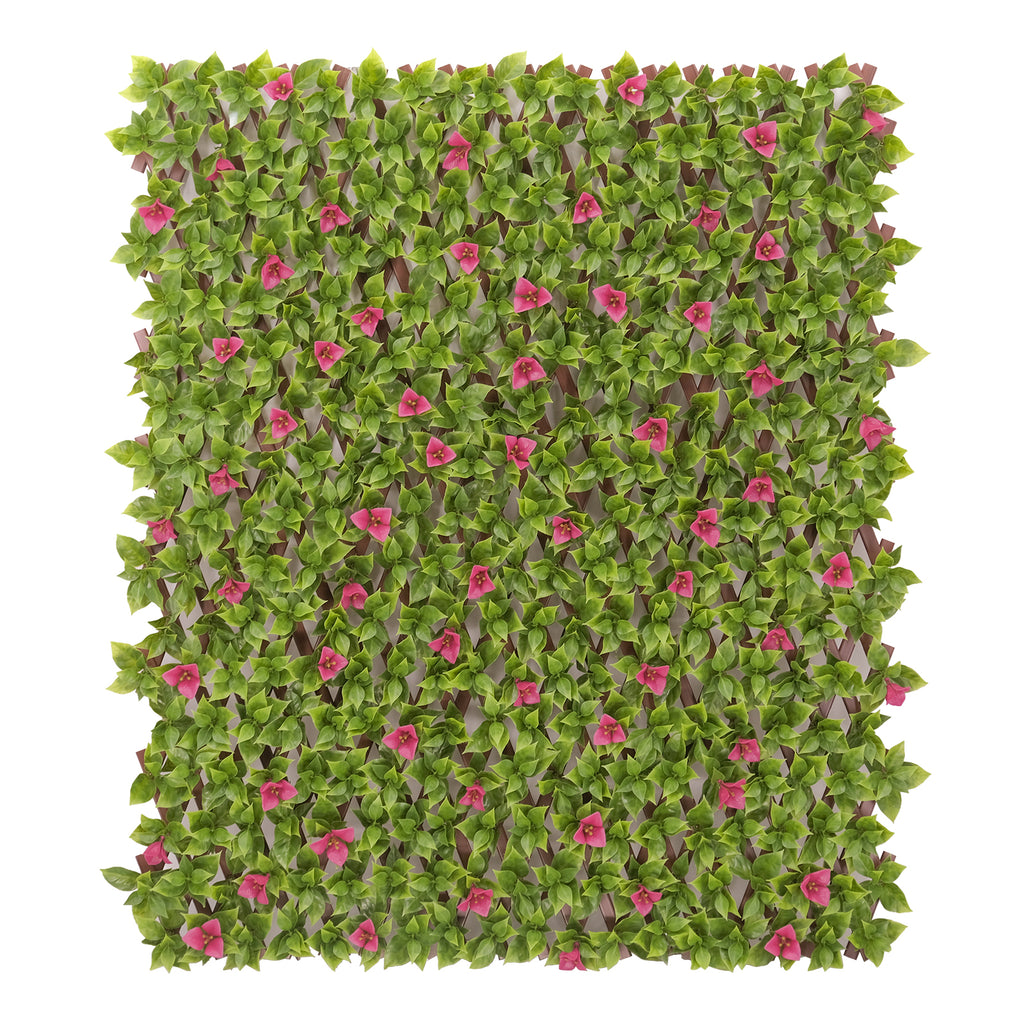 Artificial Expanding Trellis with pink Bougainvillea flowers on a white background
