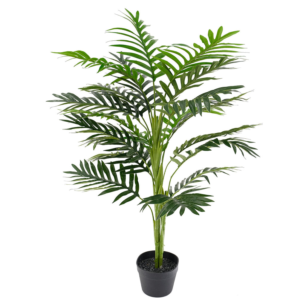An artificial palm tree in a plastic pot against a white background