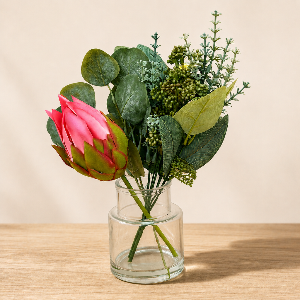 Artificial Flower Arrangement - Protea in Clear Glass Vase - Fuchsia 35cm