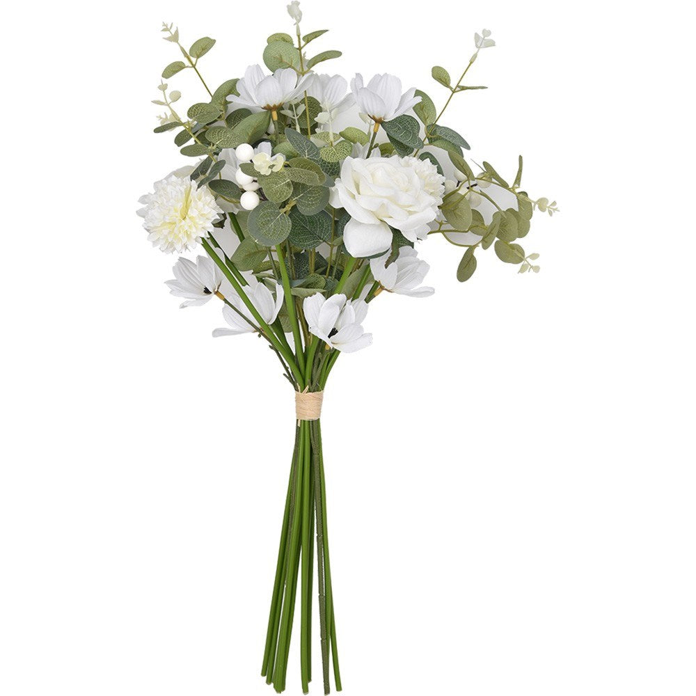 60cm artificial floral gum bouquet with white blooms, rounded green foliage and long stems.
