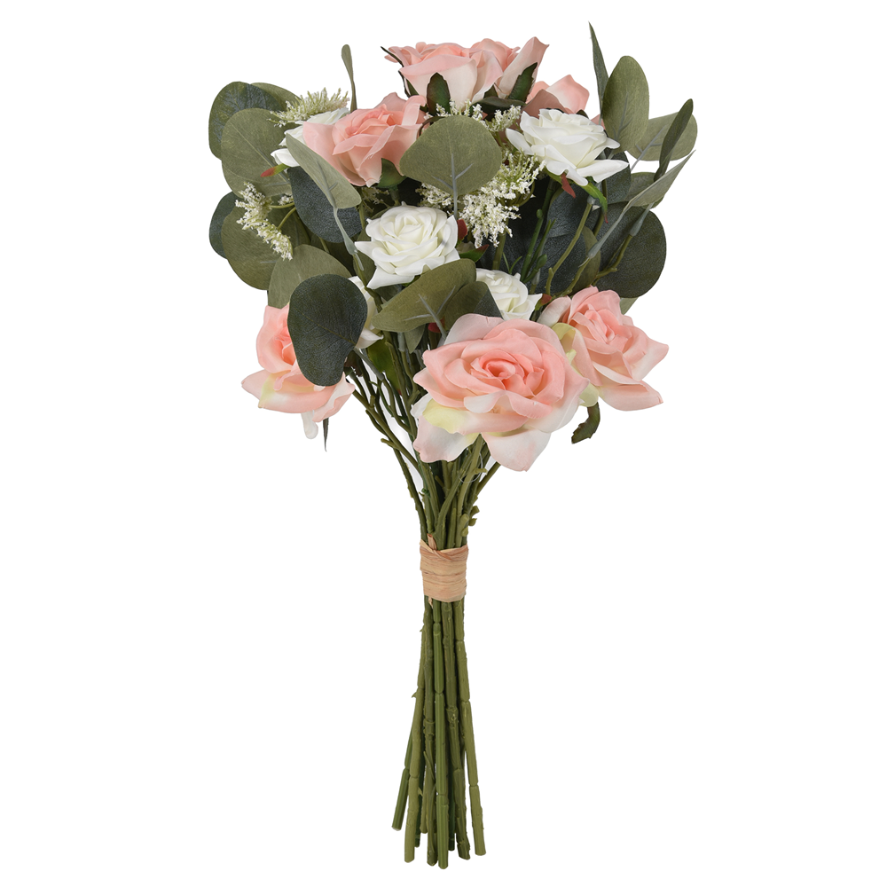 Bouquet of pink and white flowers with green leaves on a white background