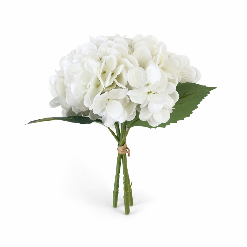 An artificial white hydrangea flower bouquet with green leaves and stems, tied with a small piece of twine at the base, shown on a plain white background.