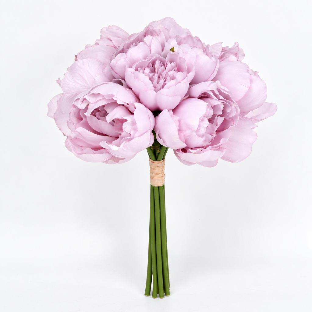A bouquet of artificial light pink peony flowers with green stems and a beige ribbon wrap, photographed on a clean white background.