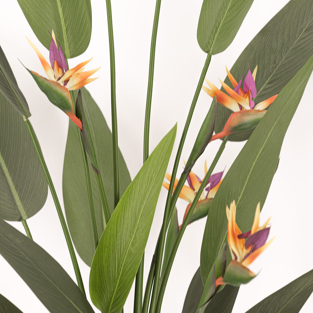 An artificial bird of paradise plant with green leaves and stems featuring orange, yellow, and purple flowers.