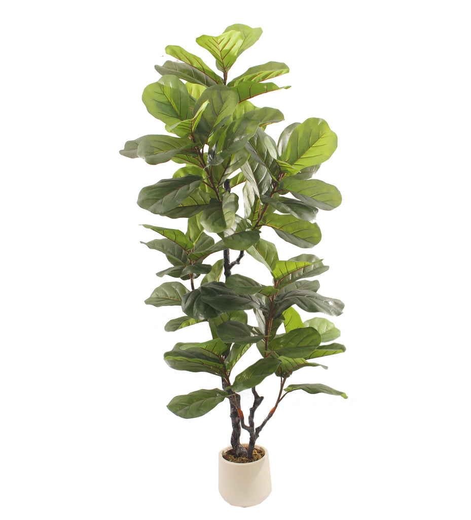 Faux fiddle leaf fig tree in a neutral pot against a white background.