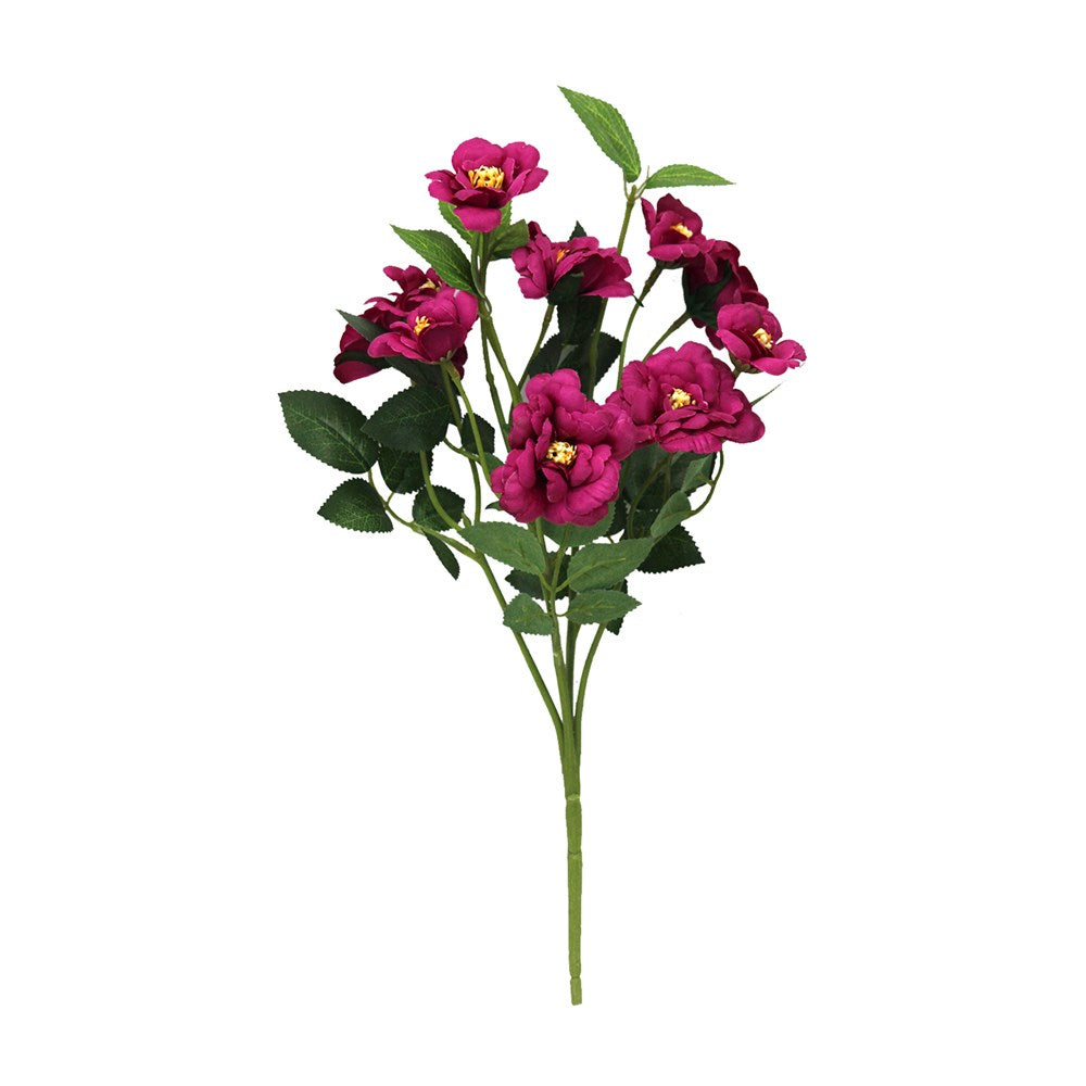 Artificial pink Camellia flower stem with lush petals and yellow stamen, isolated on a white background.