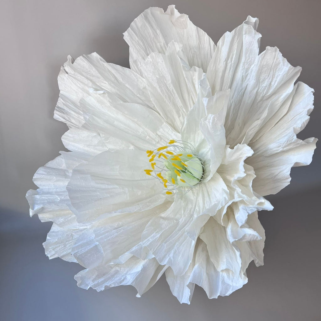 Artificial white peony flower with detailed layers and a yellow center