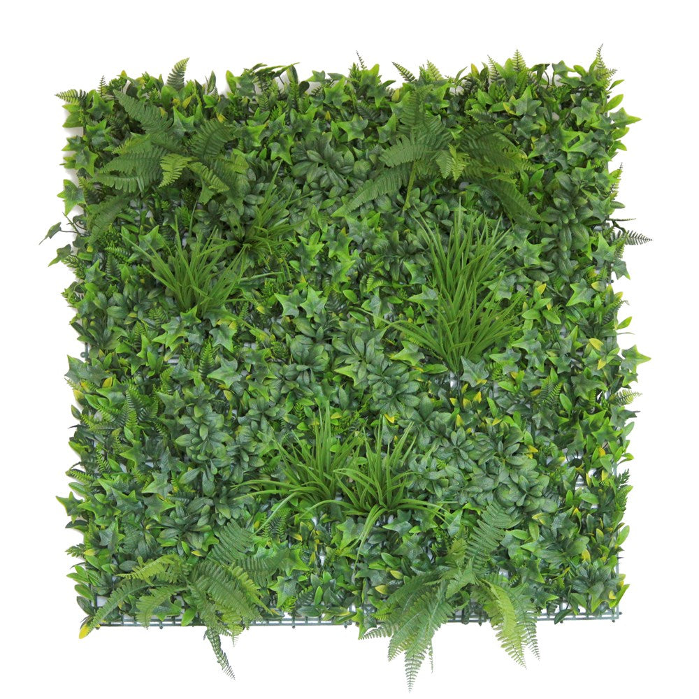HG Living fire-resistant artificial Boston Fern green wall hedge tile, 100 x 100 cm, with dense mixed foliage and ferns.