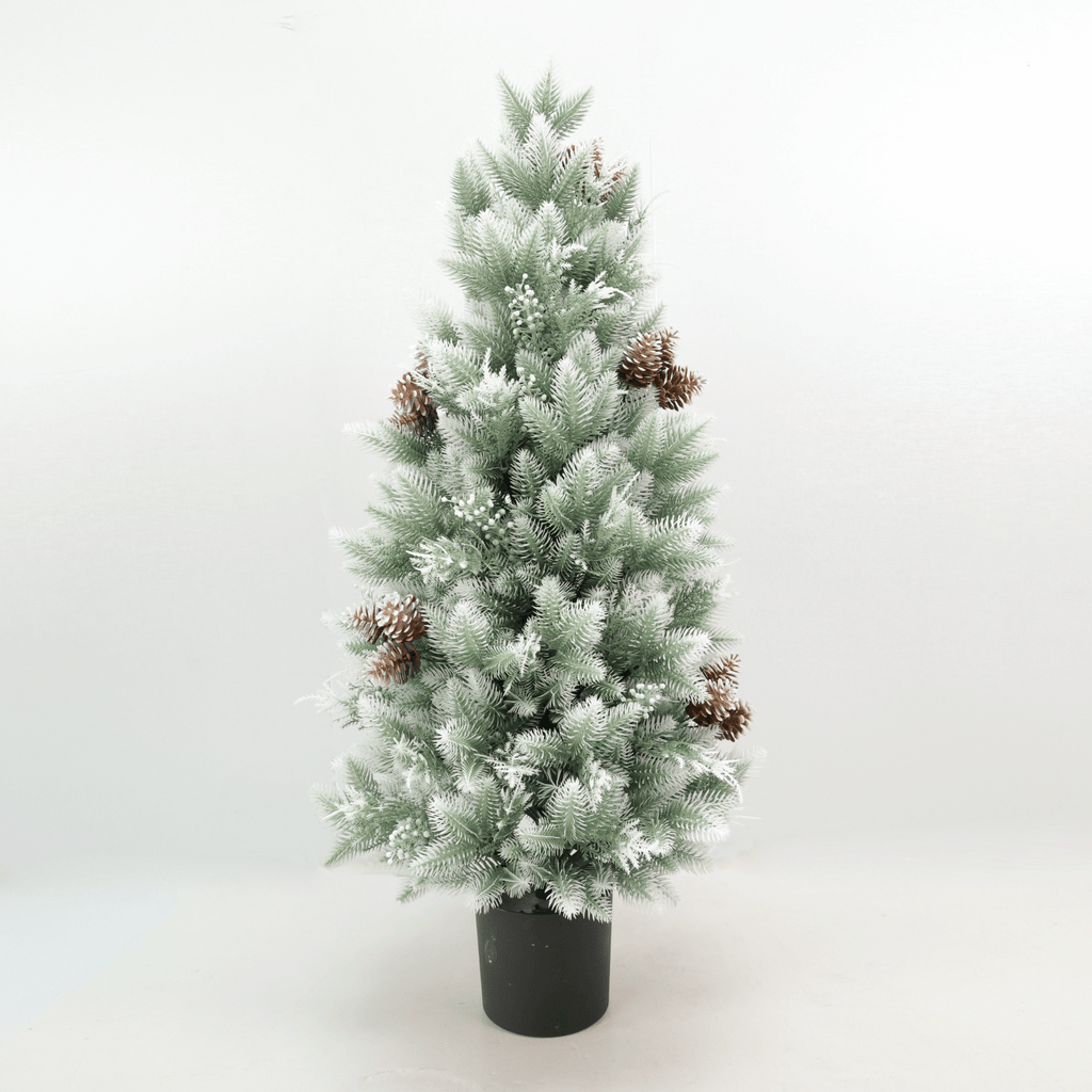 Frosted Artificial 115cm Christmas tree with pinecones in a pot on a white background