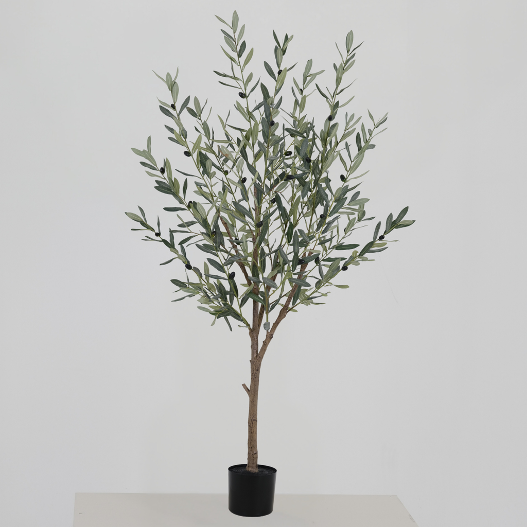 Artificial 150cm Olive Tree in a black pot against a plain, white background.