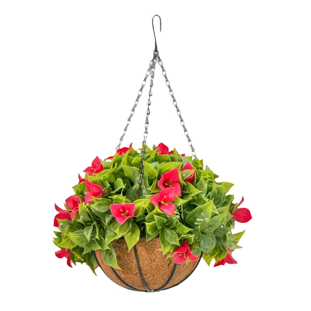 A Hanging Basket with artificial foliage and pink bougainvillea flowers on a white background