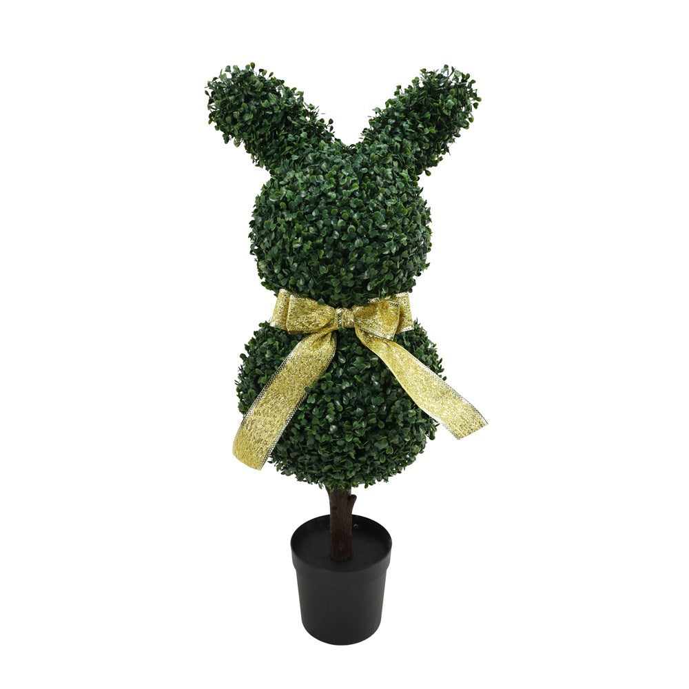 Topiary english buxus rabbit in a pot with a gold bow on a white background
