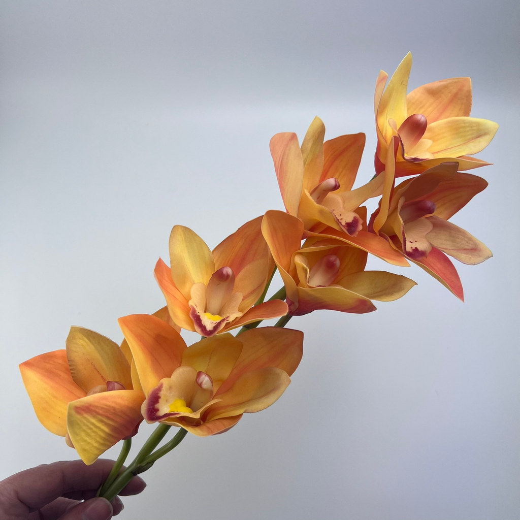 Hand holding a Real Touch Orchid Cymbidium floral stem with exotic yellow and orange blooms against a plain background