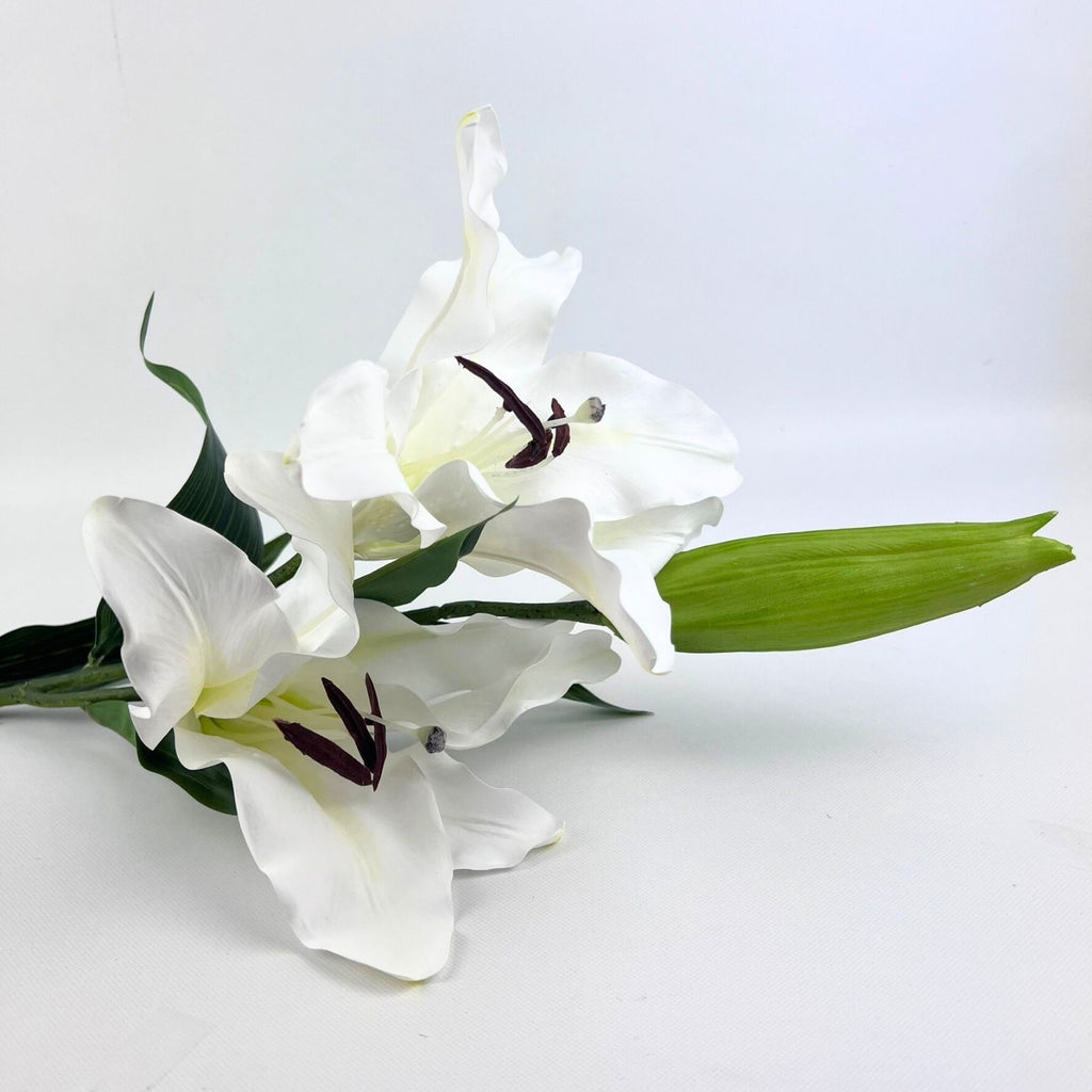 Two realistic tiger lily blooms with white petals and one bud against a plain background 