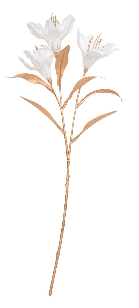 63cm Artificial Lily stem that has soft velvet petals in white with subtle gold detailing against a white background.