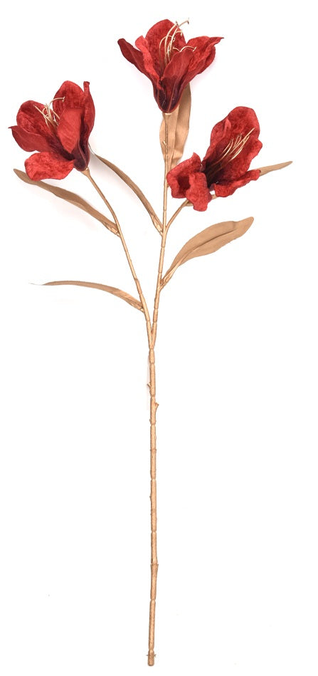 63cm Artificial Lily stem that has soft velvet petals in red with gold detailing against a white background.