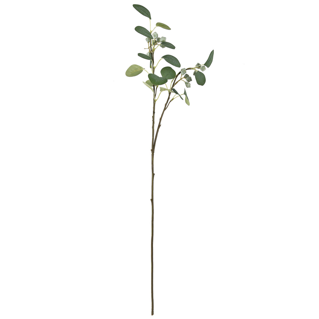 Artificial Green Eucalyptus Gum Leaves with Gumnuts artificial stem against a plain white background.