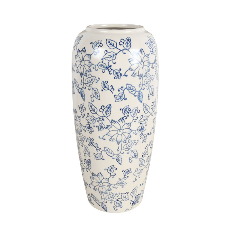 29cm White and Blue Ceramic Vase with a detailed floral design against a plain white background