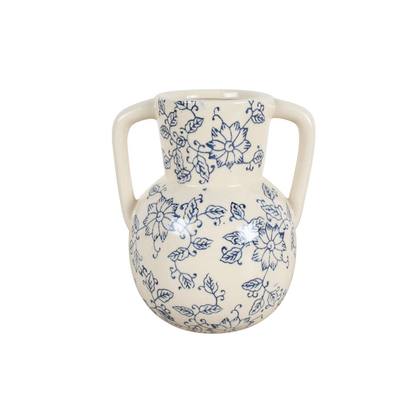 17CM white ceramic vase jug with blue floral patterns against white background
