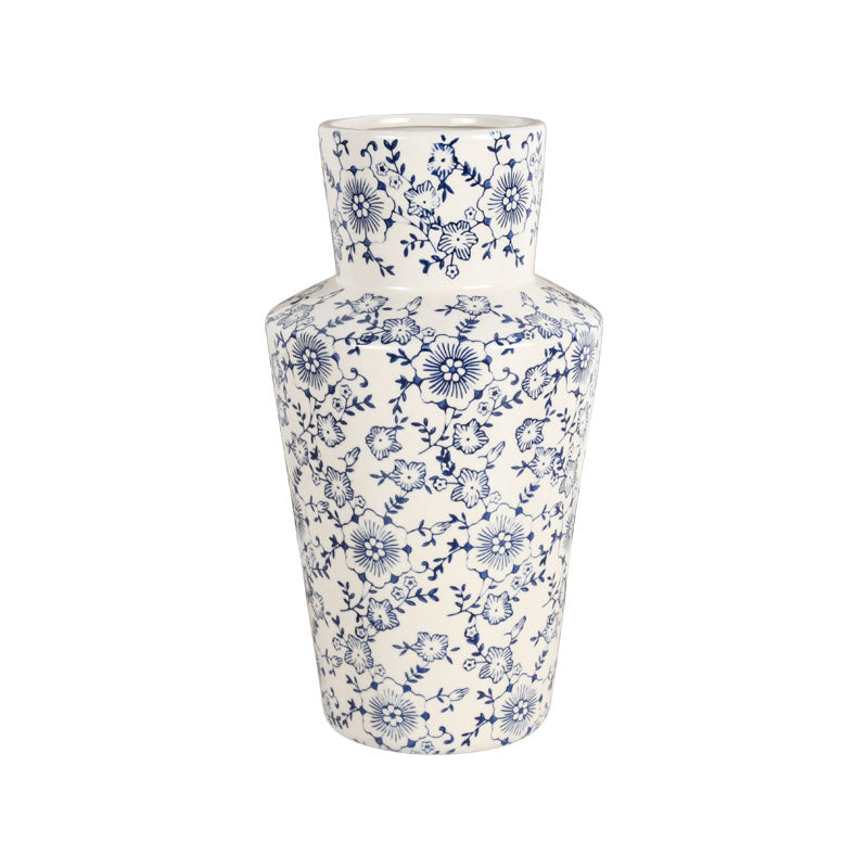 28cm white ceramic vase with a blue floral pattern on a white background
