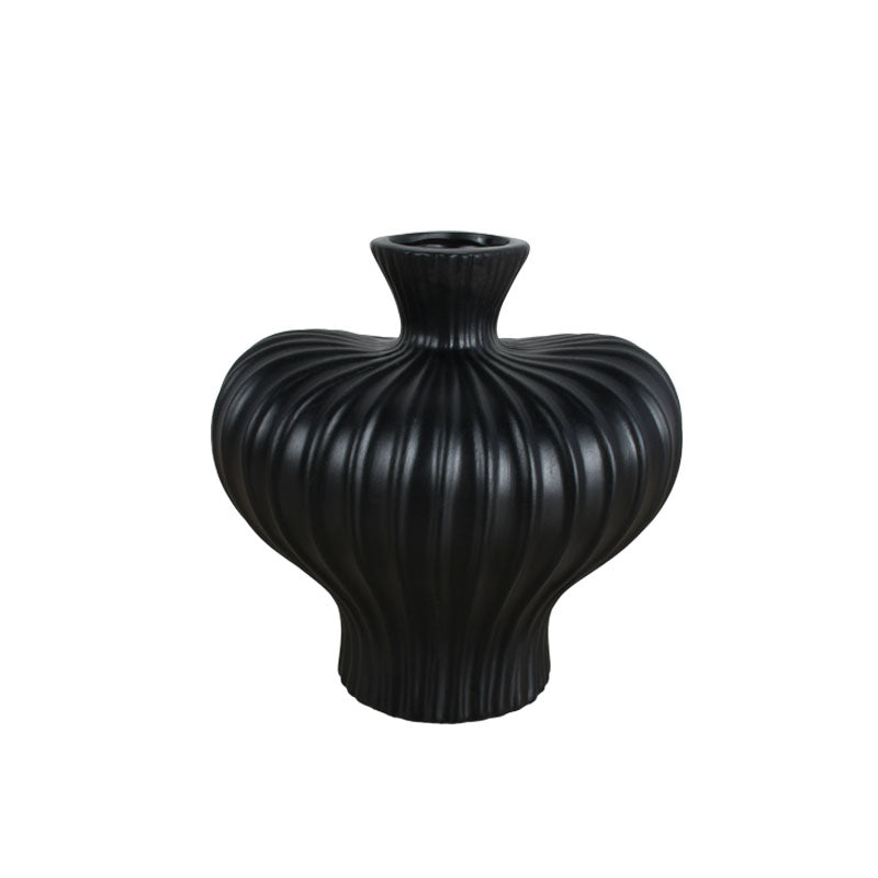 Black 17cm black ribbed ceramic vase against a plain white background