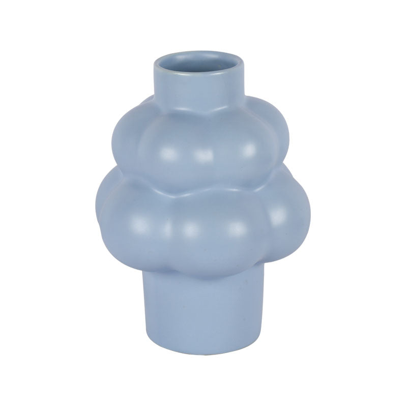 Soft blue 20cm ceramic vase with a unique, rounded design on a white background