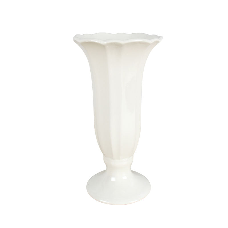 Tall 25cm white ceramic vase with scalloped edge on a white background

