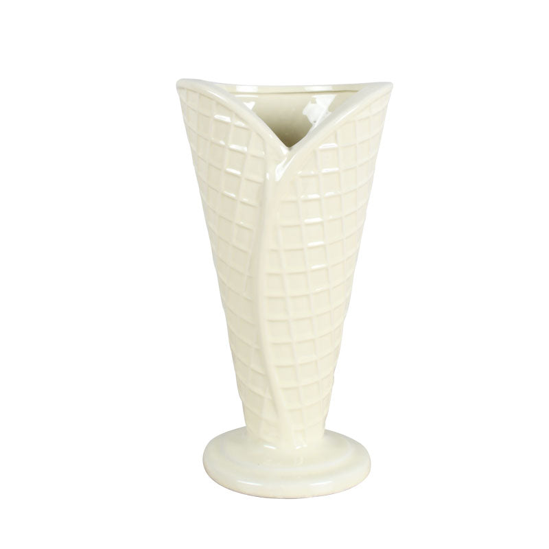 25cm ceramic white textured waffle cone shaped vase against a white background