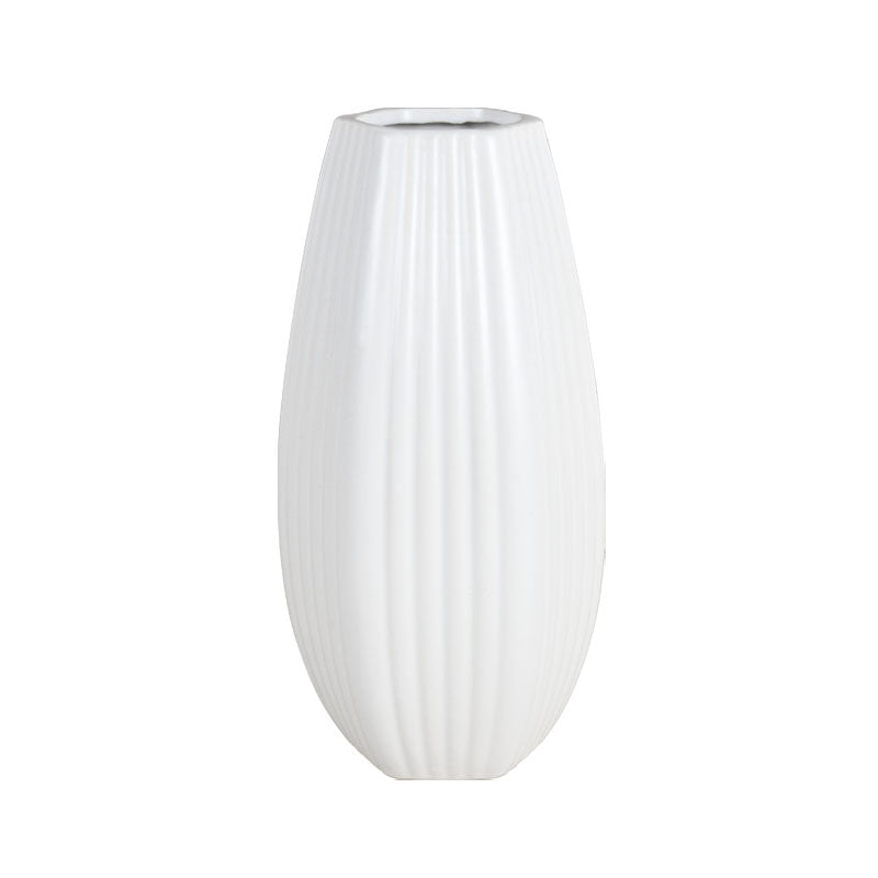 White Ceramic Flower Tall Ribbed Vase 25cm