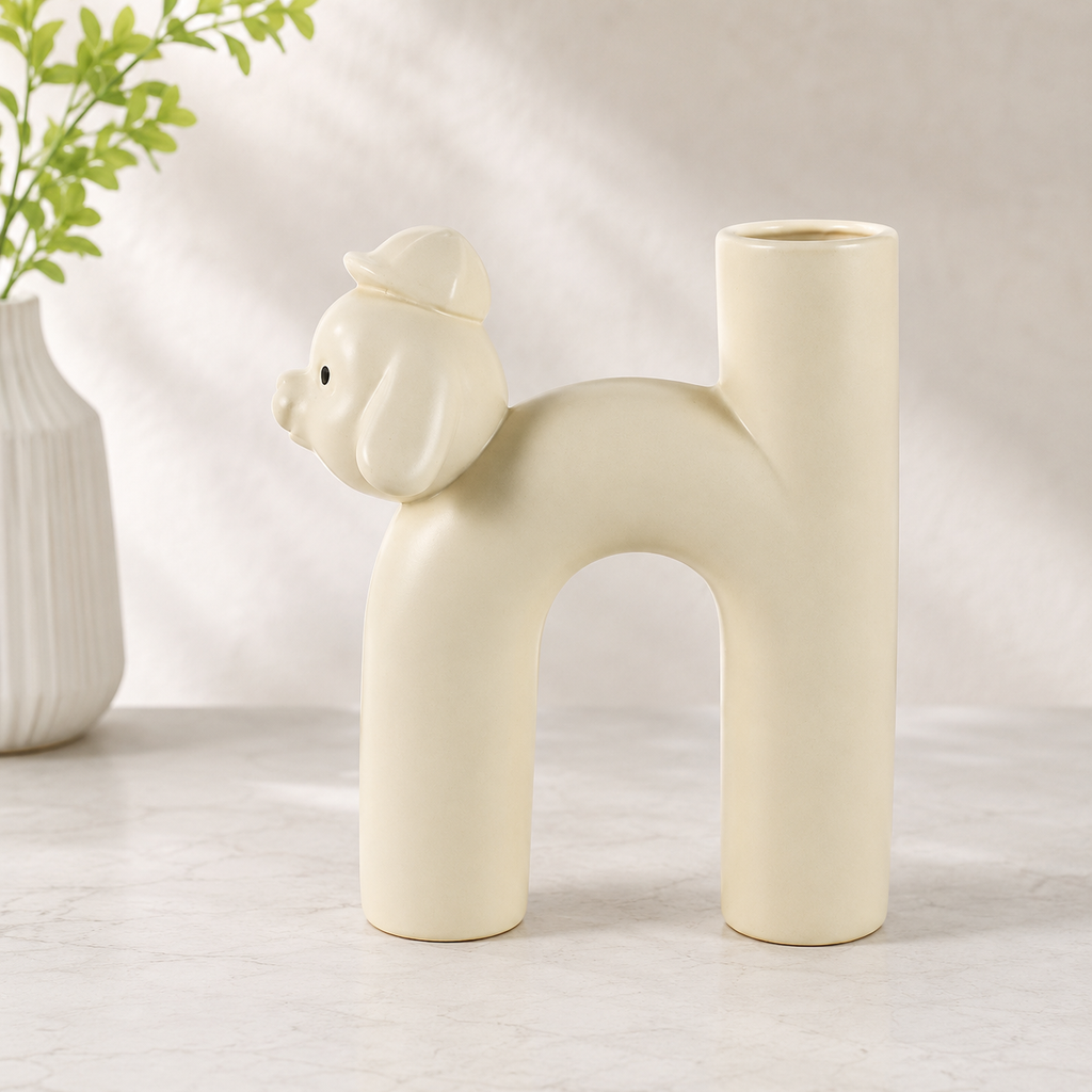 Ceramic Dog Vase - Cream 21cm
