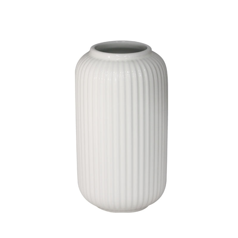  26cm white cylindrical ribbed vase against a white background