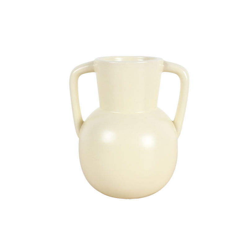 15cm cream coloured ceramic vase with two handles on a white background