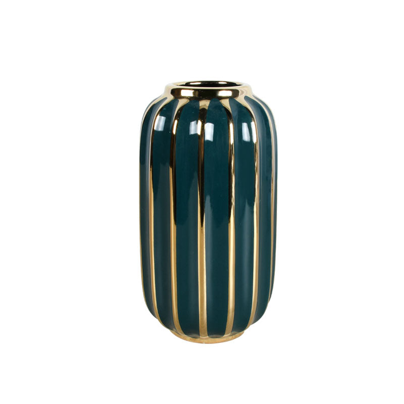 24cm dark green ceramic vase with gold stripes against a white background
