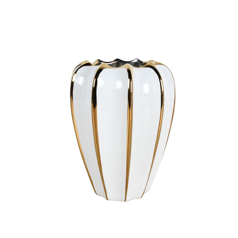 19cm white ceramic vase with gold stripes on a white background

