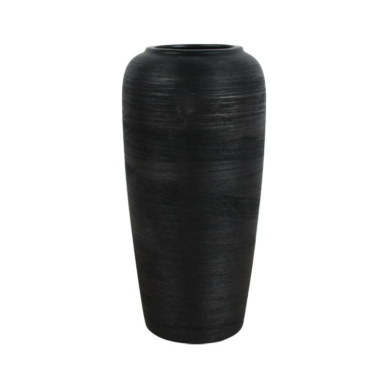 Tall 30cm black ceramic vase against a white background