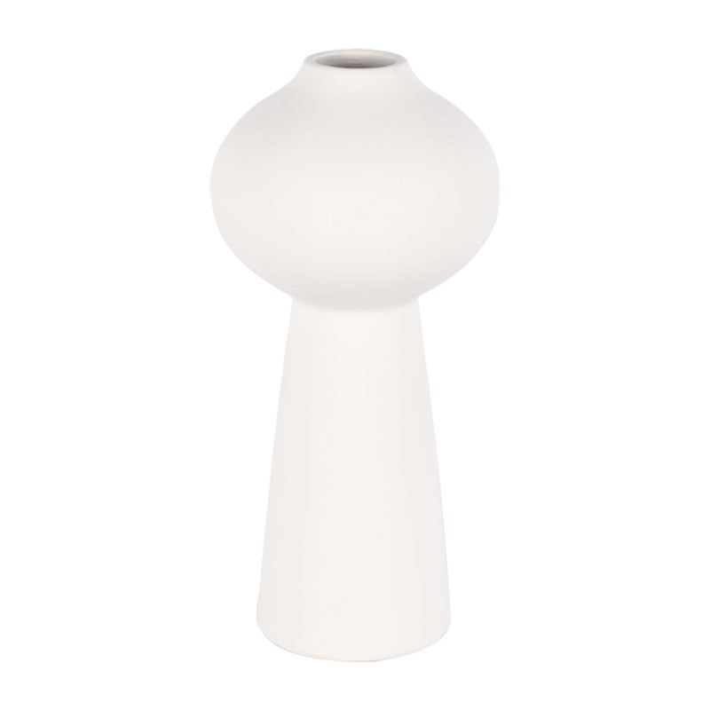 Unique, tall rounded ceramic vase with a white matte finish against a white background