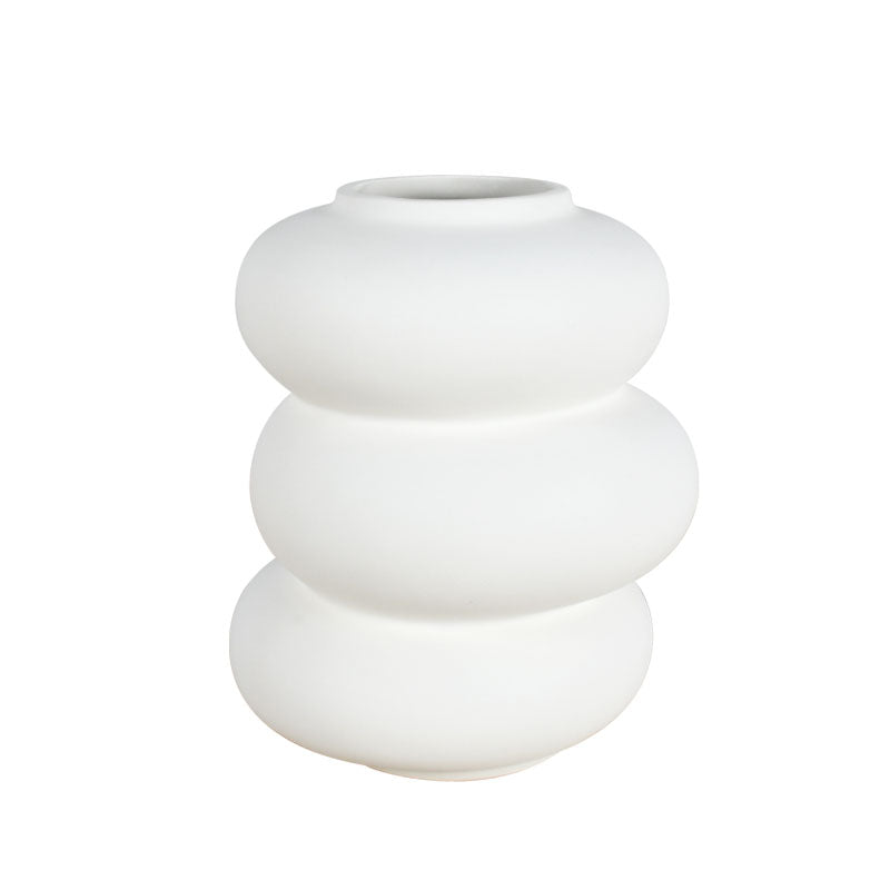 18cm white ceramic vase with three stacked cylindrical shapes against a white background