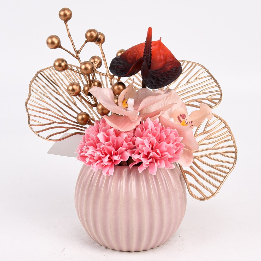 Artificial Gingko Arrangement in Pink Vase – Gold/Red/Pink 19cm