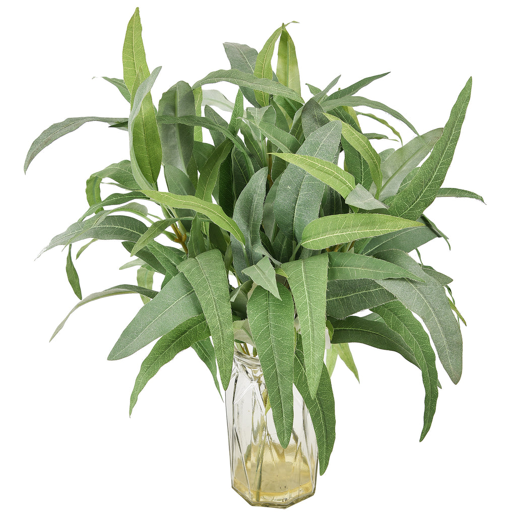 44cm native Eucalyptus Gum artificial arrangement in a tall clear glass vase against a plain white background.