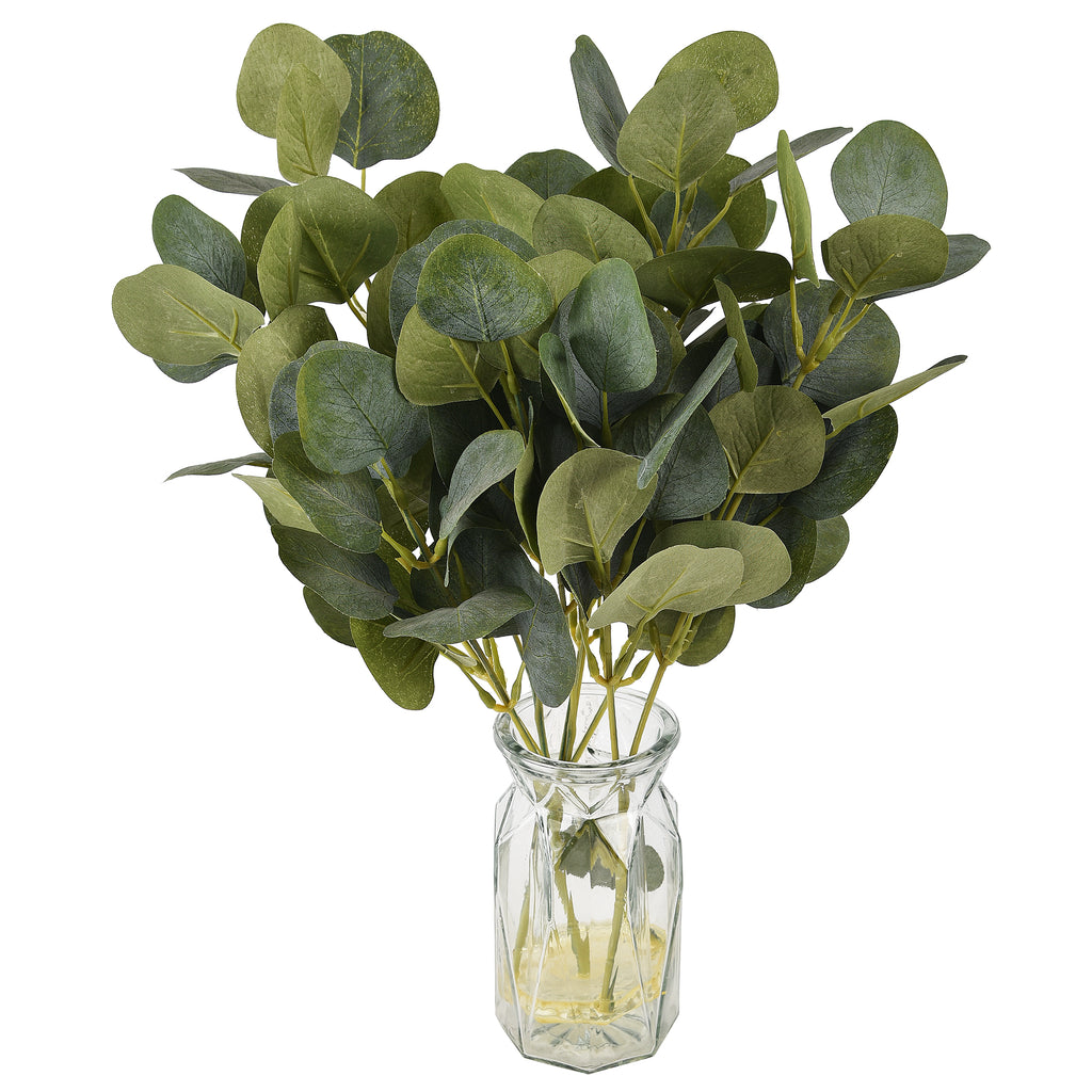 Native Eucalyptus Gum artificial arrangement in a stylish clear glass vase against a white background.