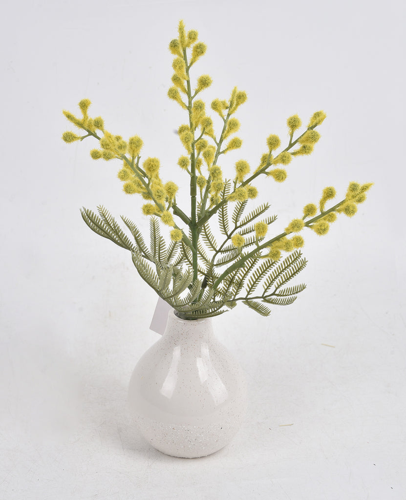 Yellow Wattle Mimosa in White Textured Teardrop Vase - 28cm