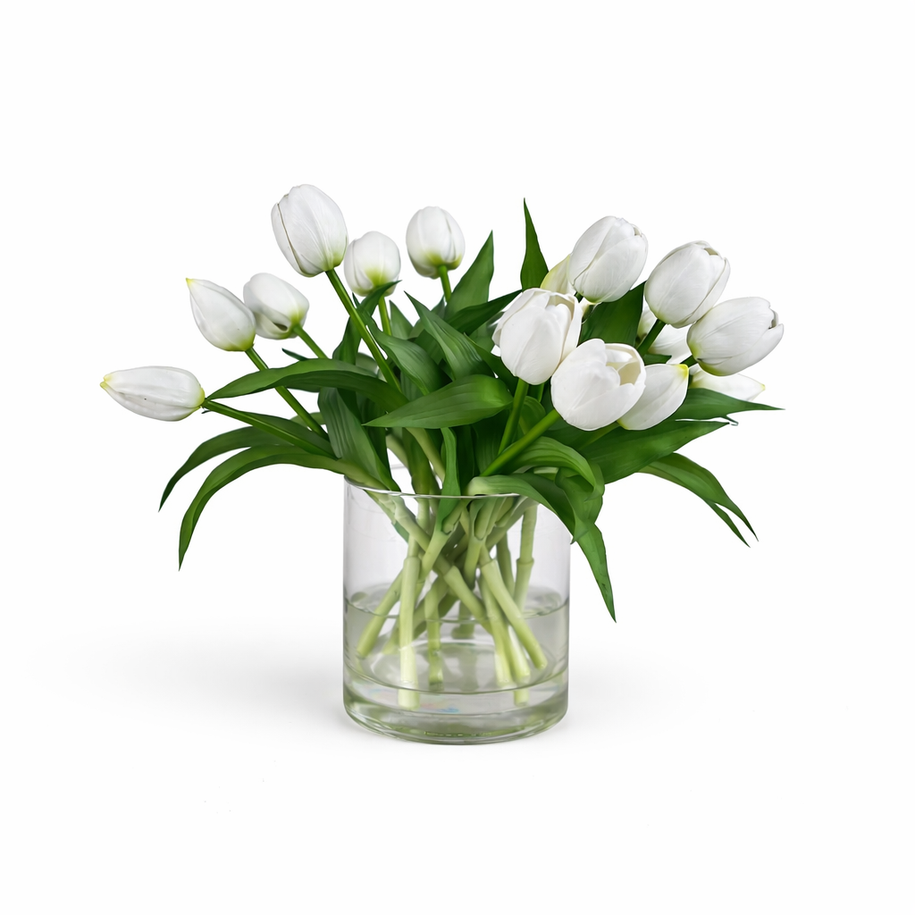 White Tulip Arrangement in Glass Vase - 29cm