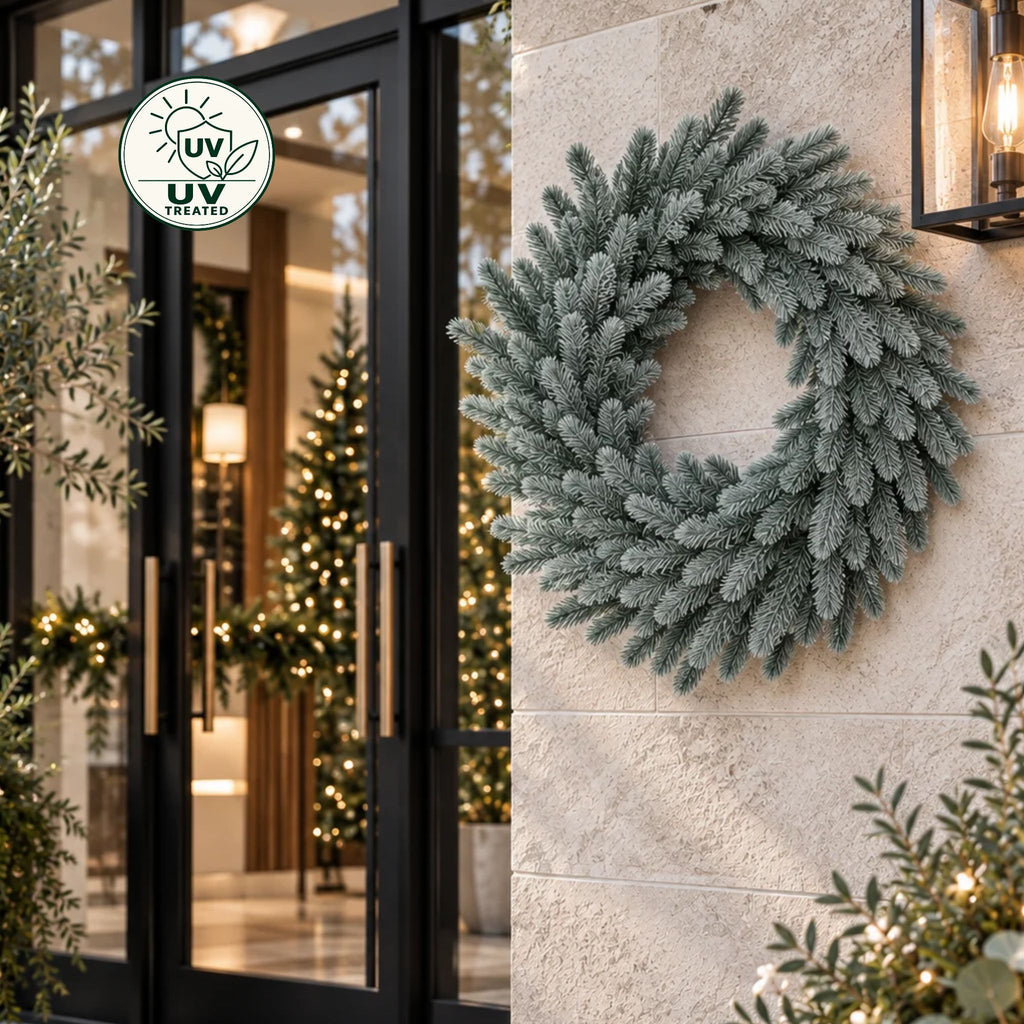 A frosted blue-green pine wreath hangs on a beige stone wall beside glass doors with warm holiday lights and Christmas trees visible inside. A circular 'UV Treated' badge appears in the upper left.